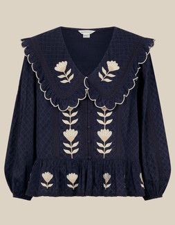 Talia Tulip Embroidered Scallop Collar Top Blue