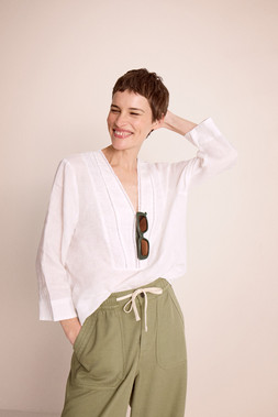 Jayla V-Neck Lace Linen Blouse White