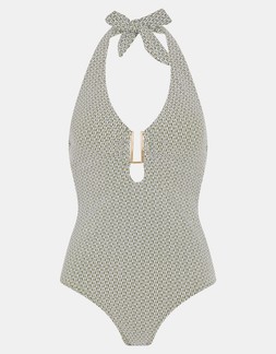 Geometric Textured Halter Neck Swimsuit Green