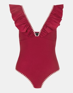 Ruffle Plunge Swimsuit Red