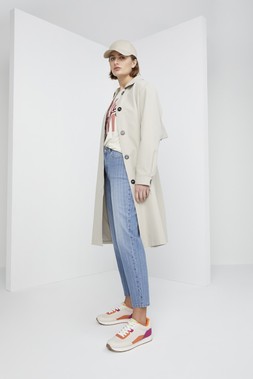 Beige Linen Look Cap &pound;8, Stone Longline Trench Coat &pound;42, Stone Relaxed Oh La La Graphic Tee &pound;7, Light Denim Straight Pinstripe Jeans &pound;22, Multicoloured Retro Trainers &pound;20