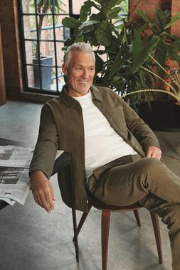 MK x Union Works Khaki Crepe Jacket, &pound;36, MK x Union Works White Logo Pocket Tee &pound;12 & MK x Union Works Khaki Crepe Trousers, &pound;24