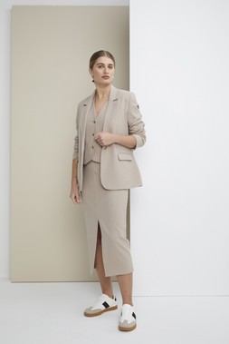 Stone Co-ord Pinstripe Relaxed Blazer &pound;32, Stone Co-ord Pinstripe Waistcoat &pound;22, Stone Co-ord Pinstripe Column Skirt &pound;20, White Retro Trainers &pound;18