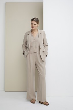 Stone Co-ord Pinstripe Relaxed Blazer &pound;32, Stone Co-ord Pinstripe Waistcoat &pound;22, Stone Co-ord Pinstripe Wide Leg Trousers &pound;22, Taupe Sandals &pound;15.