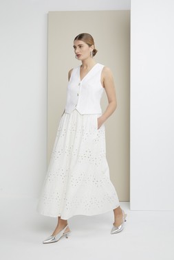 White Linen Waistcoat &pound;22, White Broderie Maxi Skirt &pound;28, Silver Slingback Heels &pound;20