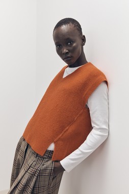 Tu-AW26-Model-11 - Orange V-Neck Step-Hem Tank £16 & Brown Heritage Check Trouser £22.50