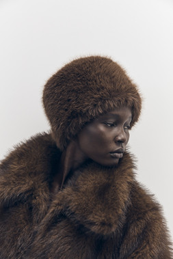 Tu-AW26-Model-17 - Brown Faux Fur Pillbox Hat £12 & Brown Longline Faux Fur Coat £55