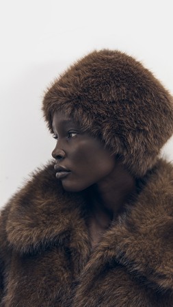 Tu-AW26-Model-18 - Brown Faux Fur Pillbox Hat £12 & Brown Longline Faux Fur Coat £55