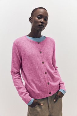 Tu-AW26-Model-41 - Pink Cashmere Crew Cardigan £75, Second-Skin Long-Sleeve Top £12.50,  Barrel Cargos £22.50 