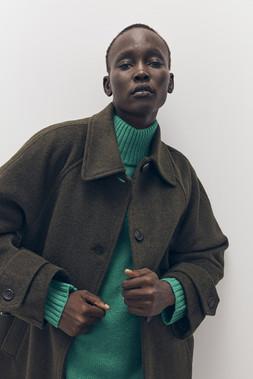 Tu-AW26-Model-43 - Khaki Longline Car Coat £55, Lambswool High-Neck Jumper £35 