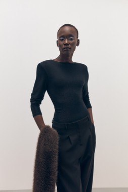 Tu-AW26-Model-51 - Lurex Slash-Neck Shoulder-Pad Top £14, Black Ponte Wide Leg Trousers £16