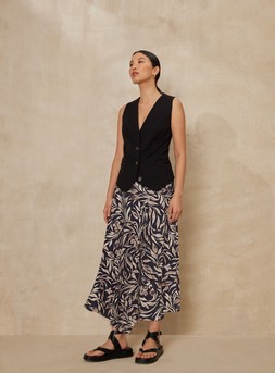 Black Coord Waistcoat &pound;16, Mono Leaf Print Asymmetric Maxi Skirt &pound;22 & Black Wrap Around Platform Sandals &pound;20