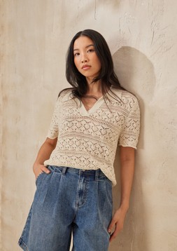 Cream Pointelle Collar Tee &pound;20 & Mid Denim Pleated Bermuda Shorts &pound;16