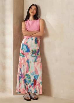 Pastel Pink Halter Vest &pound;5, Abstract Print Satin Maxi Skirt &pound;20 & Silver Velcro Strap Sandals &pound;16