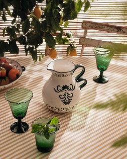 M&S HANDPAINTED PLATTER £25 / M&S SET OF 4 PETAL WINE GLASSES £25 / M&S HANDPAINTED JUG £20 / M&S SET OF 4 PETAL TUMBLERS £25 / M&S STRIPE TABLECLOTH £28