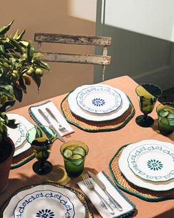M&S SET OF 4 FLORAL NAPKINS £12 / M&S SET OF 2 RATTAN PLACEMATS £15 / M&S SET OF 4 BOHO SIDE PLATES £25 / M&S SET OF 4 PETAL WINE GLASSES £25 / M&S SET OF 4 PETAL TUMBLERS £25 / M&S TABLECLOTH £25