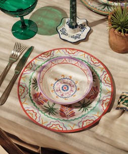 M&S SET OF 4 BOHO COUPE GLASSES £12 / M&S HANDPAINTED CANDLEHOLDER £7.40 / M&S SET OF 2 DINNER CANDLES £6 / M&S SET OF 4 BOHO DINNER PLATES £15 / M&S SET OF 4 BOHO CEREAL BOWLS £12 / M&S SET OF 2 NAPKINS £10 / M&S SET OF 4 NAPKIN RINGS £8