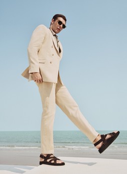 M&S SUIT JACKET £129, SUIT TROUSERS £70, SHIRT £40, T-SHIRT £20, SUNGLASSES £18, AUTOGRAPH LEATHER SANDALS £45